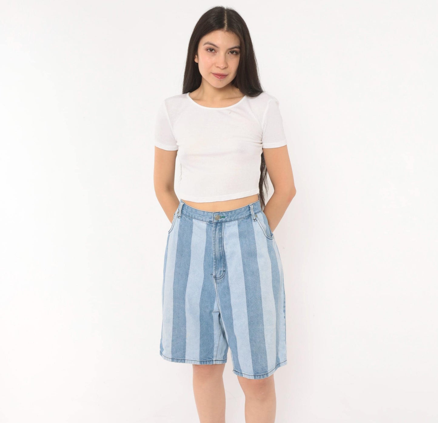 00s Tommy Hilfiger Striped Denim Bermuda Shorts Light Blue High Rise Large L
