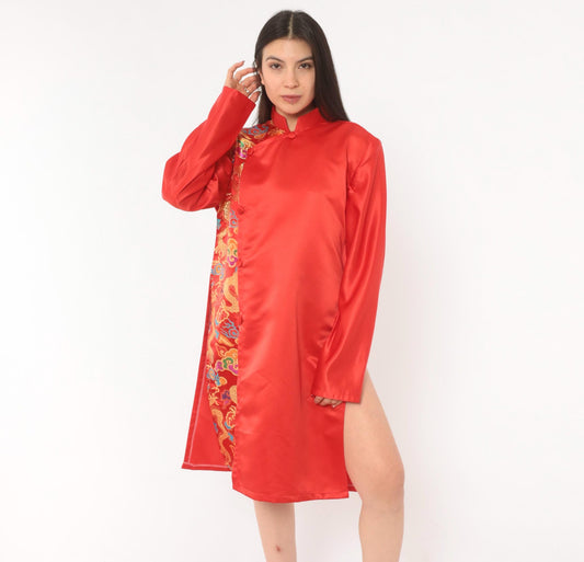 Y2K Red Satin Tunic Dragon Brocade Mandarin Collar Snap Front Large L