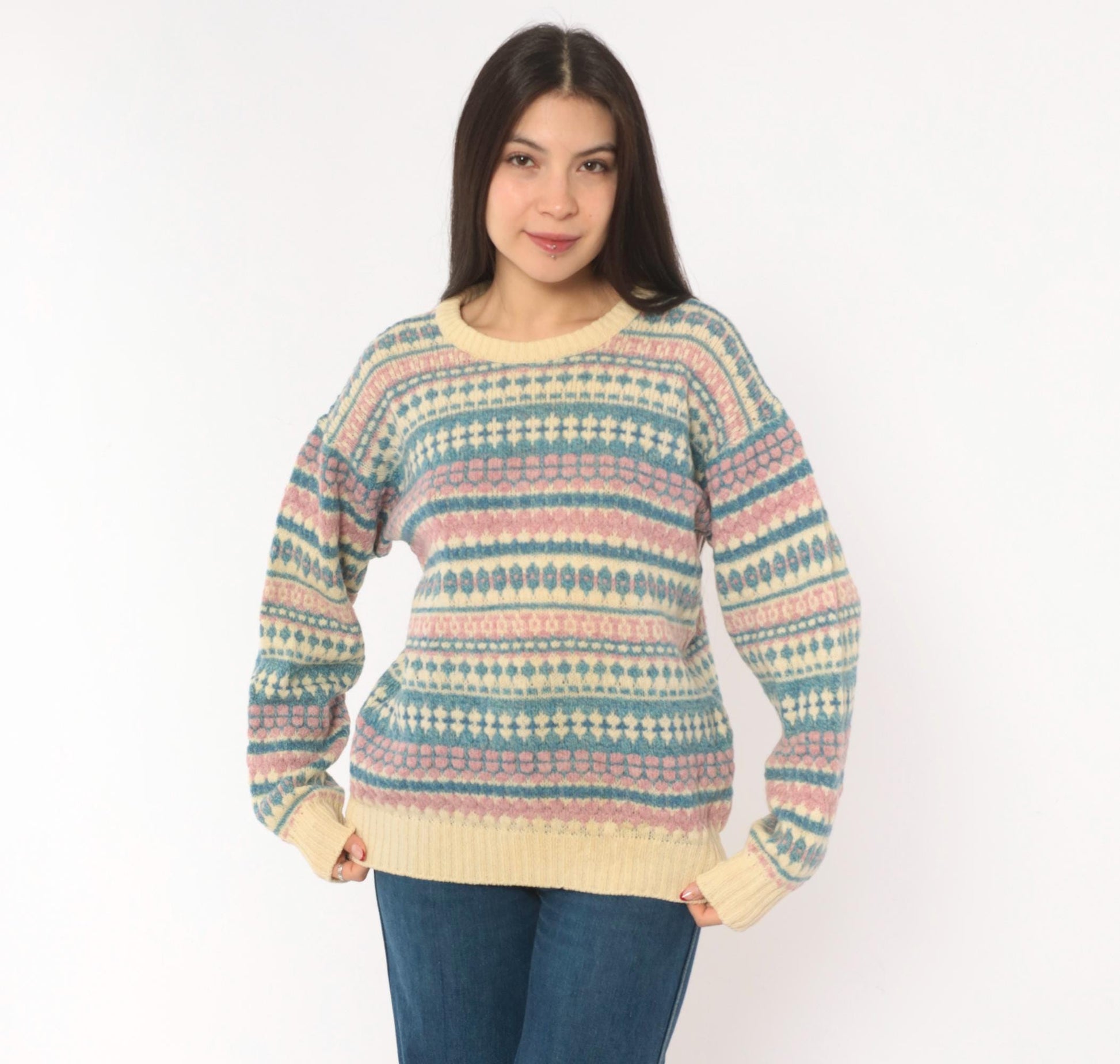 80s American Eagle Fair Isle Wool Sweater Cream Pink Blue Large