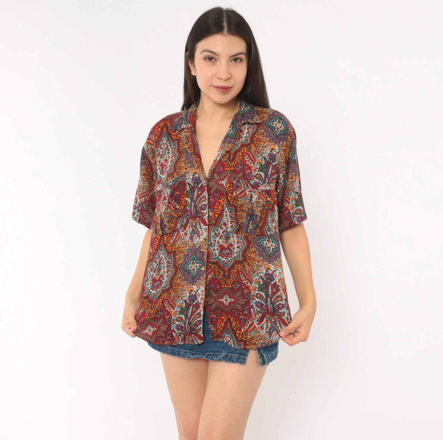 90s Outback Red Paisley Button Front Shirt Camp Collar Purple Medium M