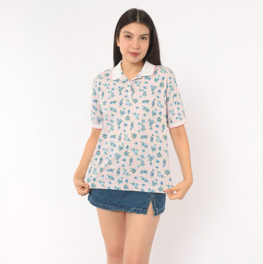90s Cabin Creek Floral Polo Shirt Pink Gingham Blue Flowers Small S