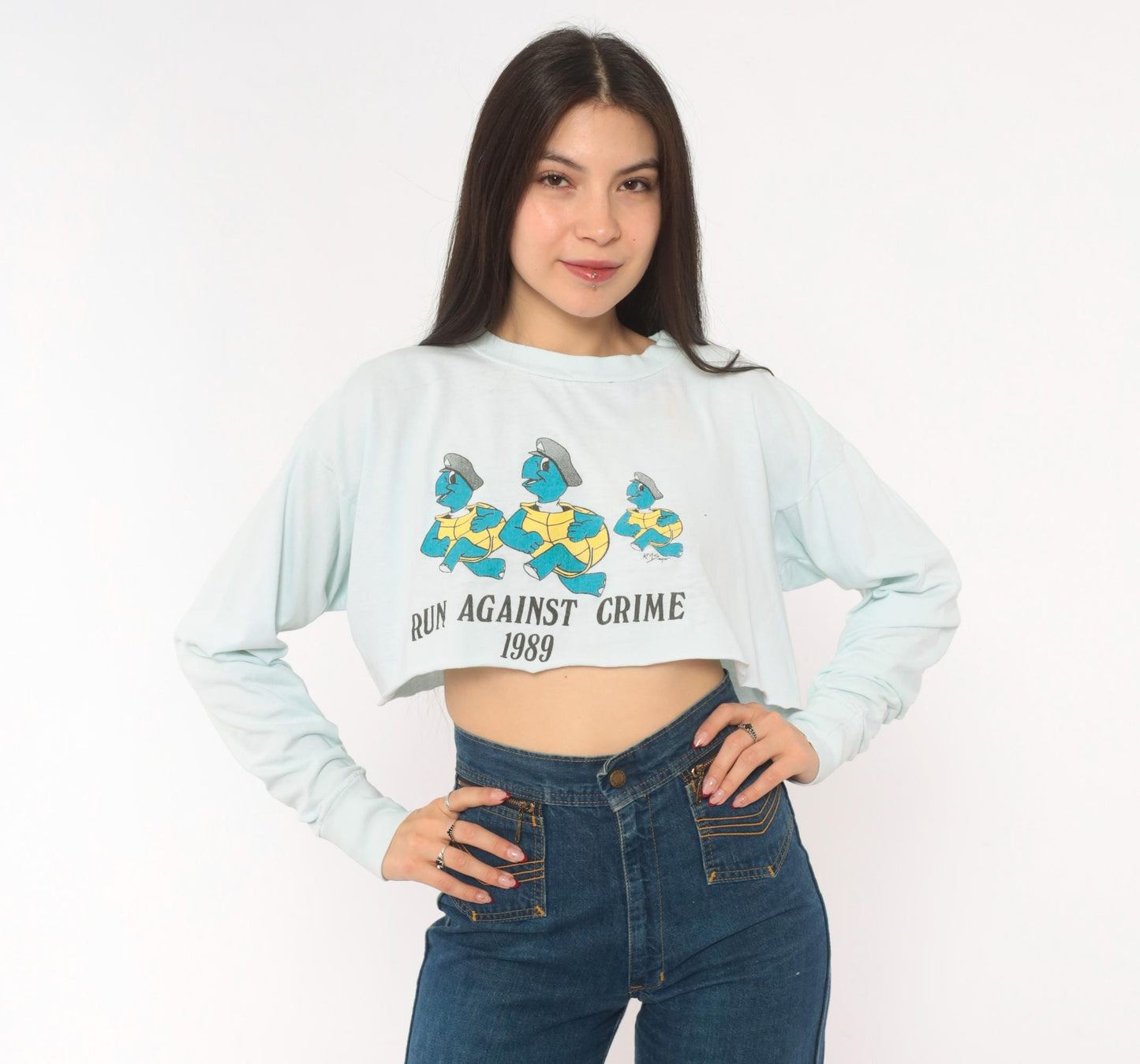 80s Run Against Crime 1989 Cartoon Turtle Police Crop Top Baby Blue Medium