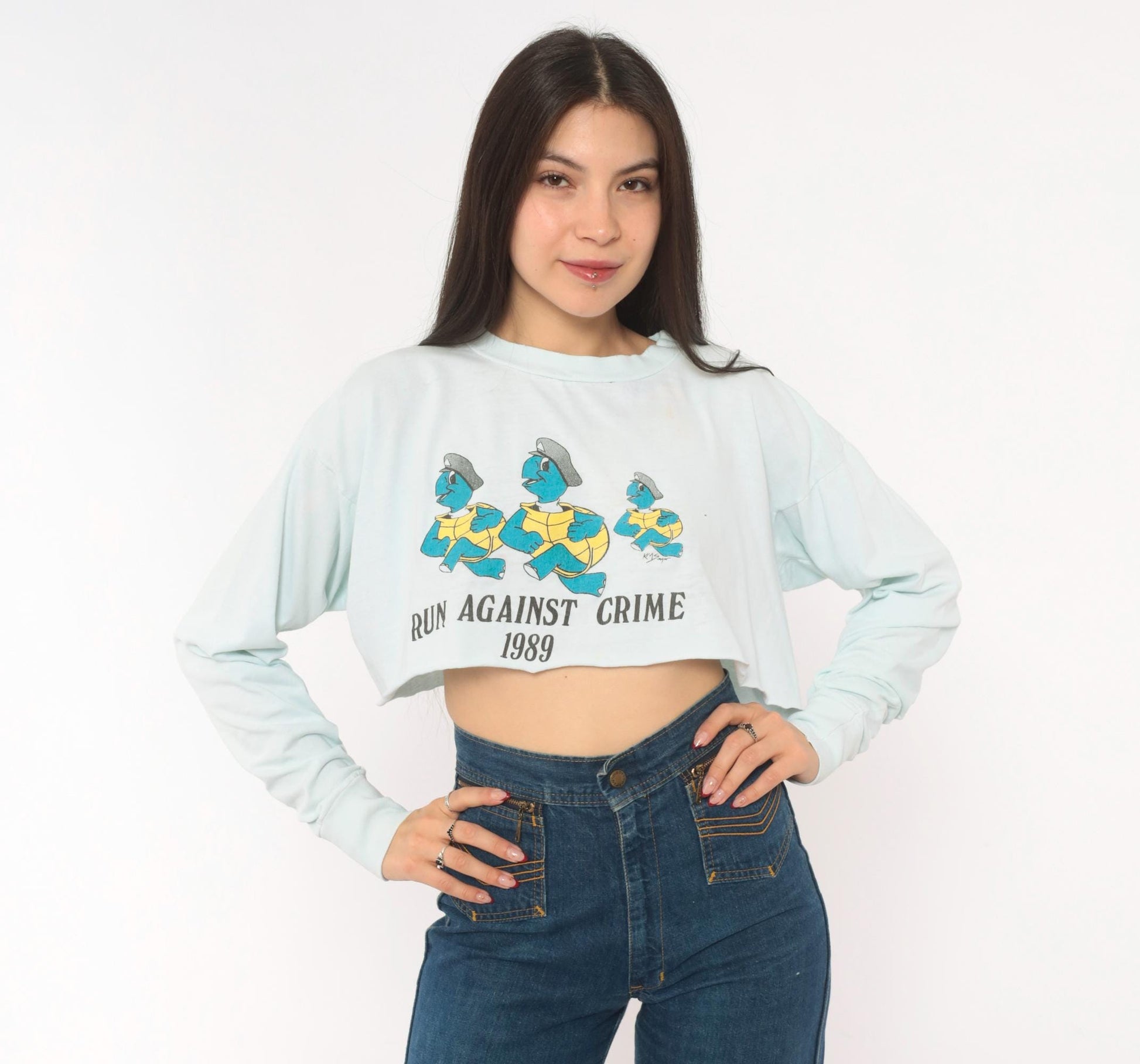 80s Run Against Crime 1989 Cartoon Turtle Police Crop Top Baby Blue Medium