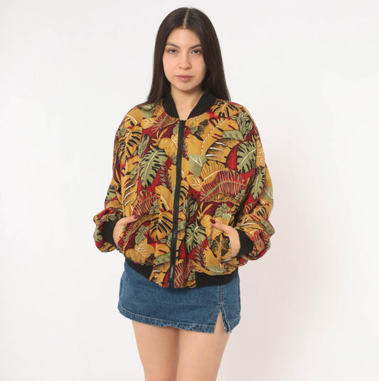 90s Western Collection Beaded Tropical Leaf Bomber Jacket Mustard Small S