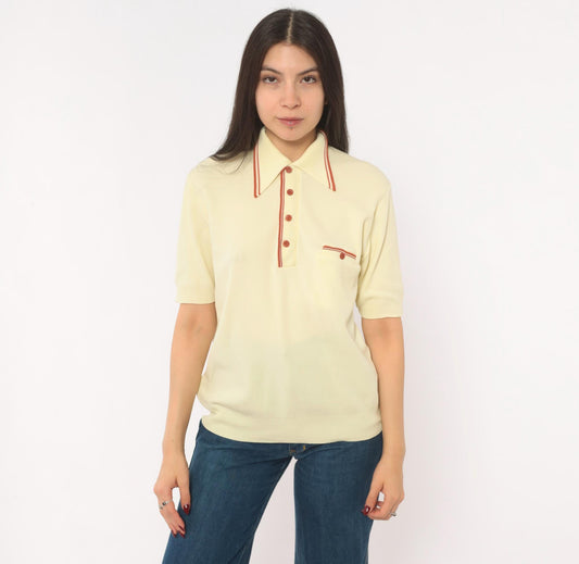 70s Ban Lon Polo Shirt Cream Rust Collar Knit Medium M
