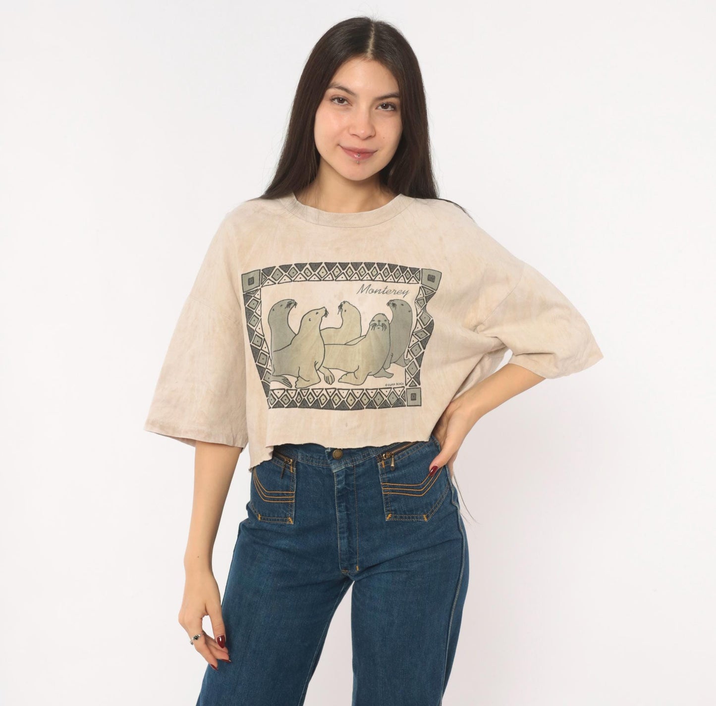90s Guava Beach Monterey Sea Lion Crop Top Tan Acid Wash Cotton Medium