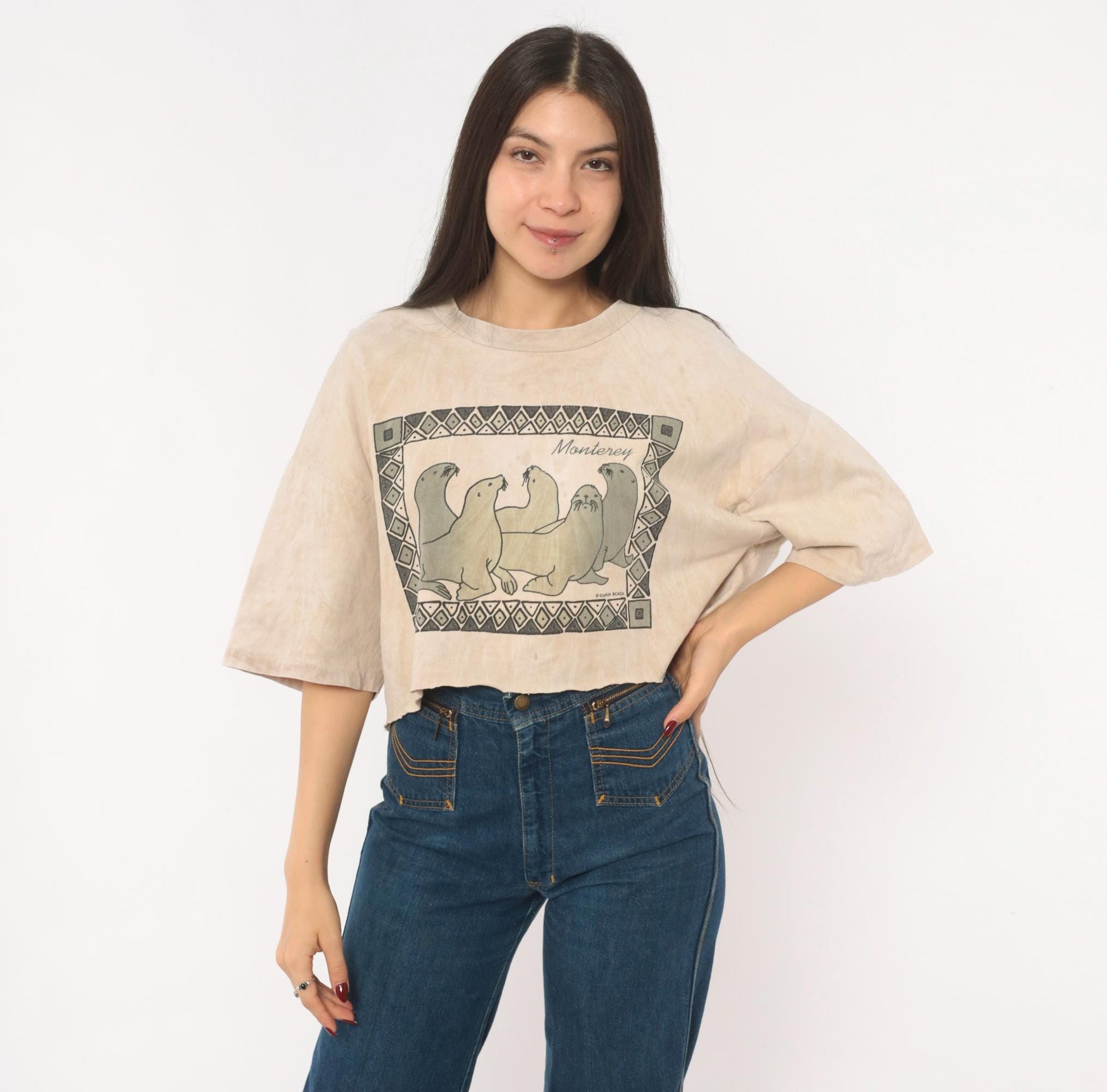90s Guava Beach Monterey Sea Lion Crop Top Tan Acid Wash Cotton Medium
