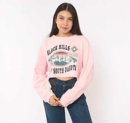 90s Mount Rushmore Cropped Sweatshirt Pink Black Hills South Dakota Medium Large