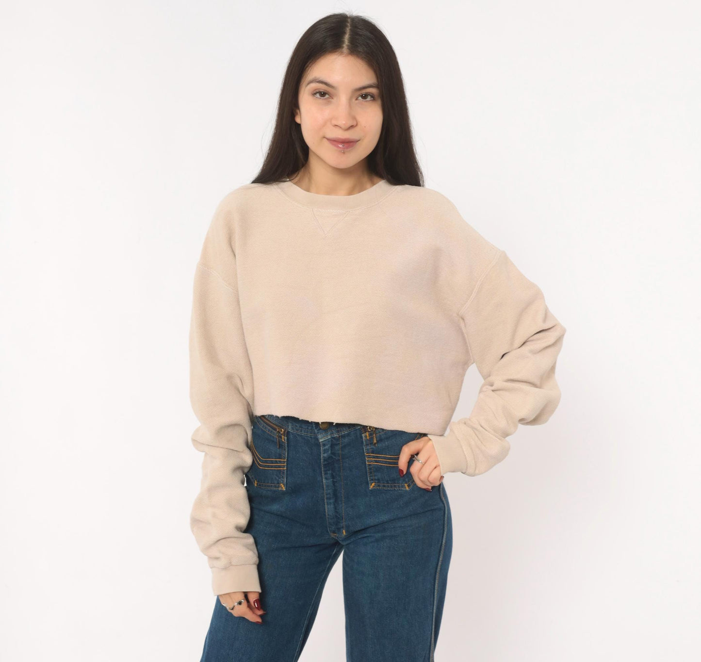 90s Lands' End Cropped Sweatshirt Tan Cotton Raglan Small