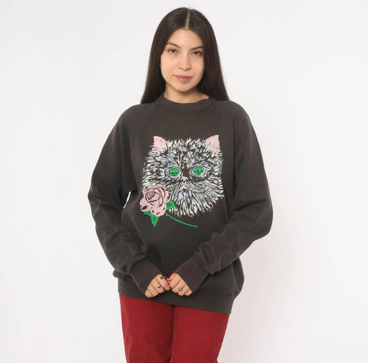 90s Fruit Of The Loom Cat Rose Raglan Sweatshirt Faded Black Large L