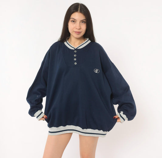 80s Puritan Navy Henley Sweatshirt Grey Stripe Snap Placket Plus Size XXL