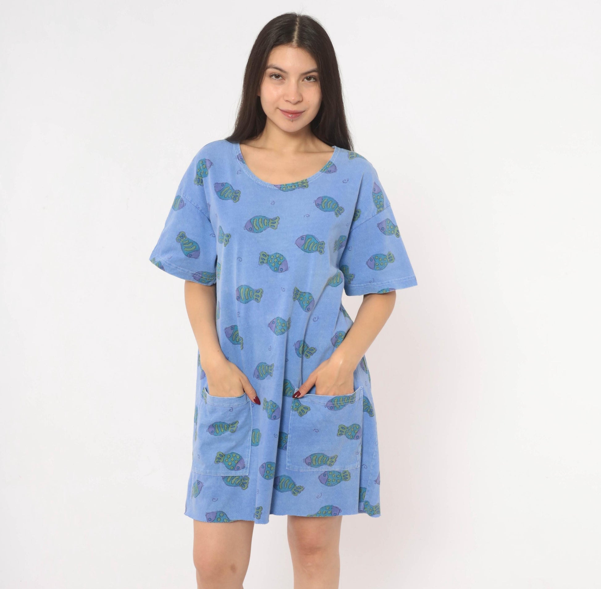 Fresh Produce Fish Print Tunic Dress Periwinkle Cotton Scoop Neck Small
