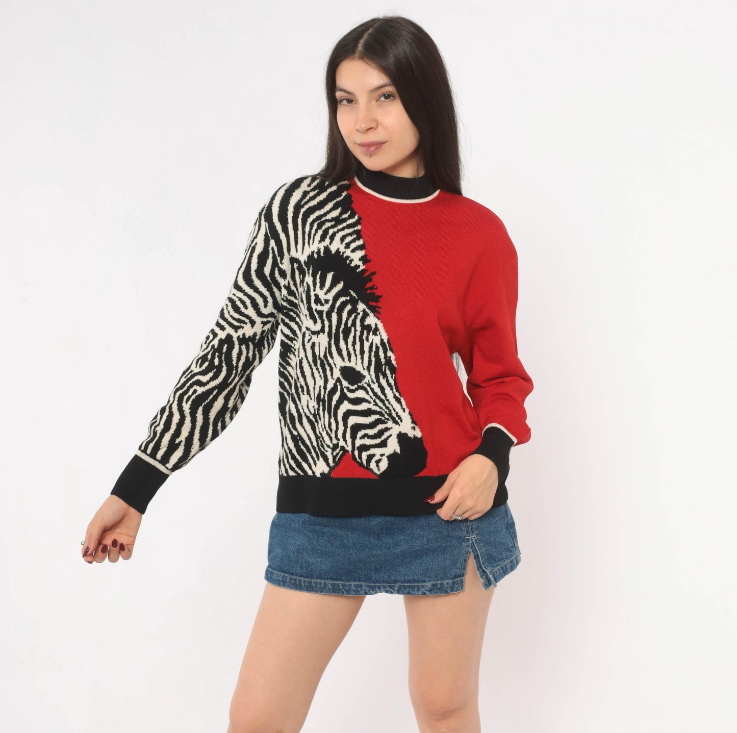 80s St. John Zebra Knit Pullover Red Black Color Block Wool Blend Medium M