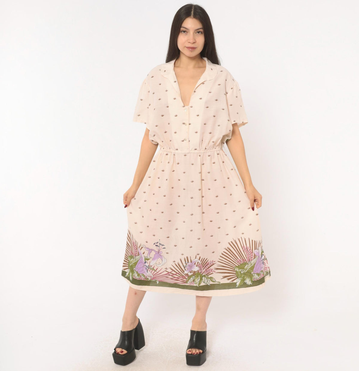 80s Jenny Wren Tropical Border Midi Dress Cotton Button Front Cream Extra Large