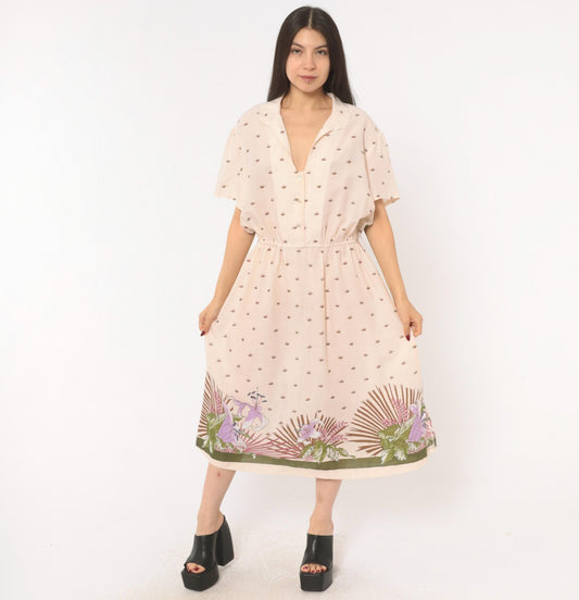 80s Jenny Wren Tropical Border Midi Dress Cotton Button Front Cream Extra Large