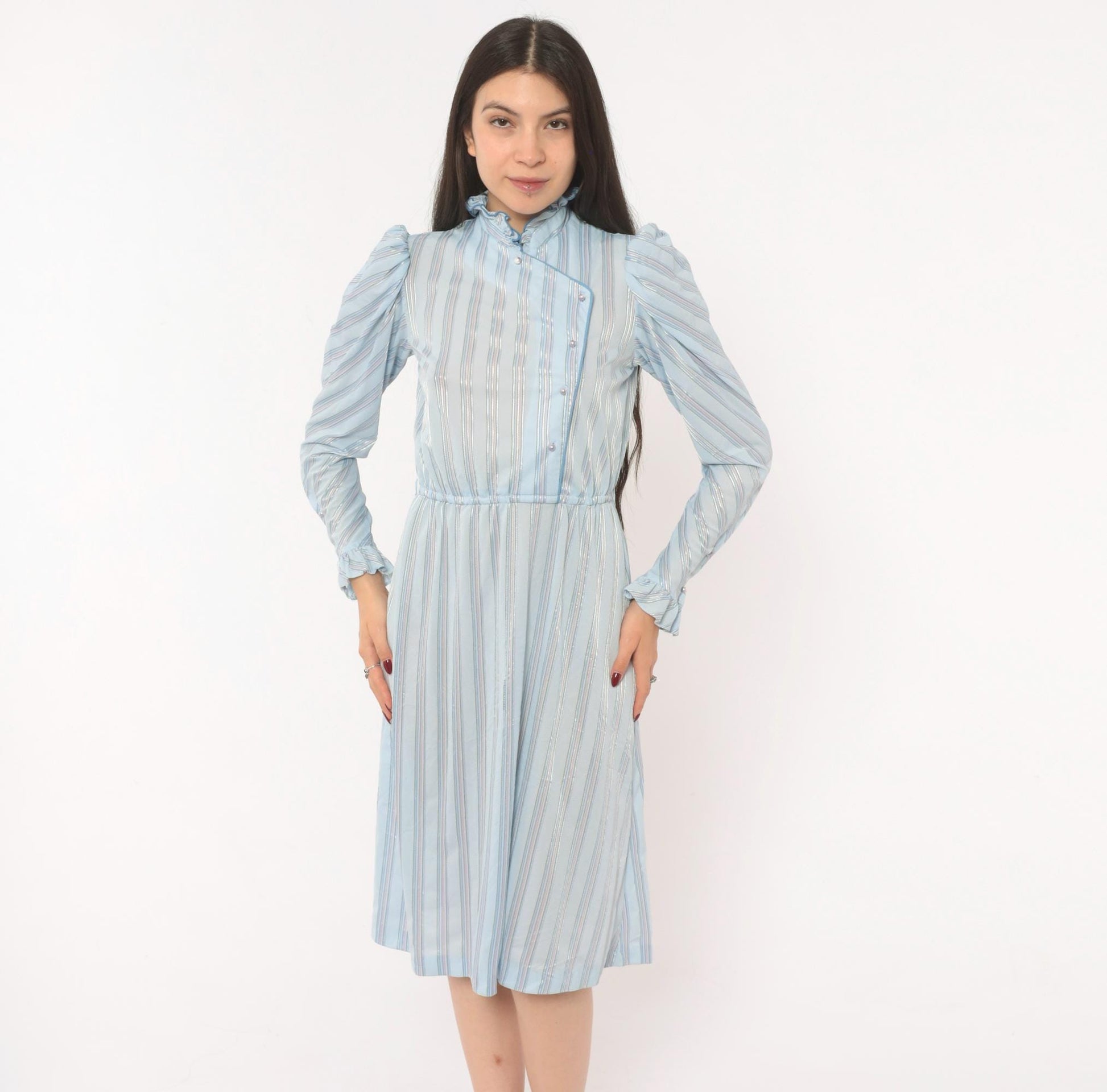 80s Jerri Gee Striped Puff Sleeve Dress Pearl Buttons Ruffled Collar Sky Blue Small