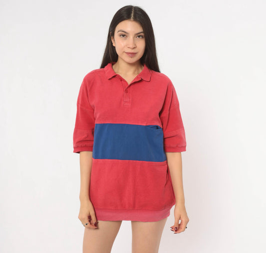 90s Woolrich Polo Shirt Red Blue Color Block Cotton Rugby Medium