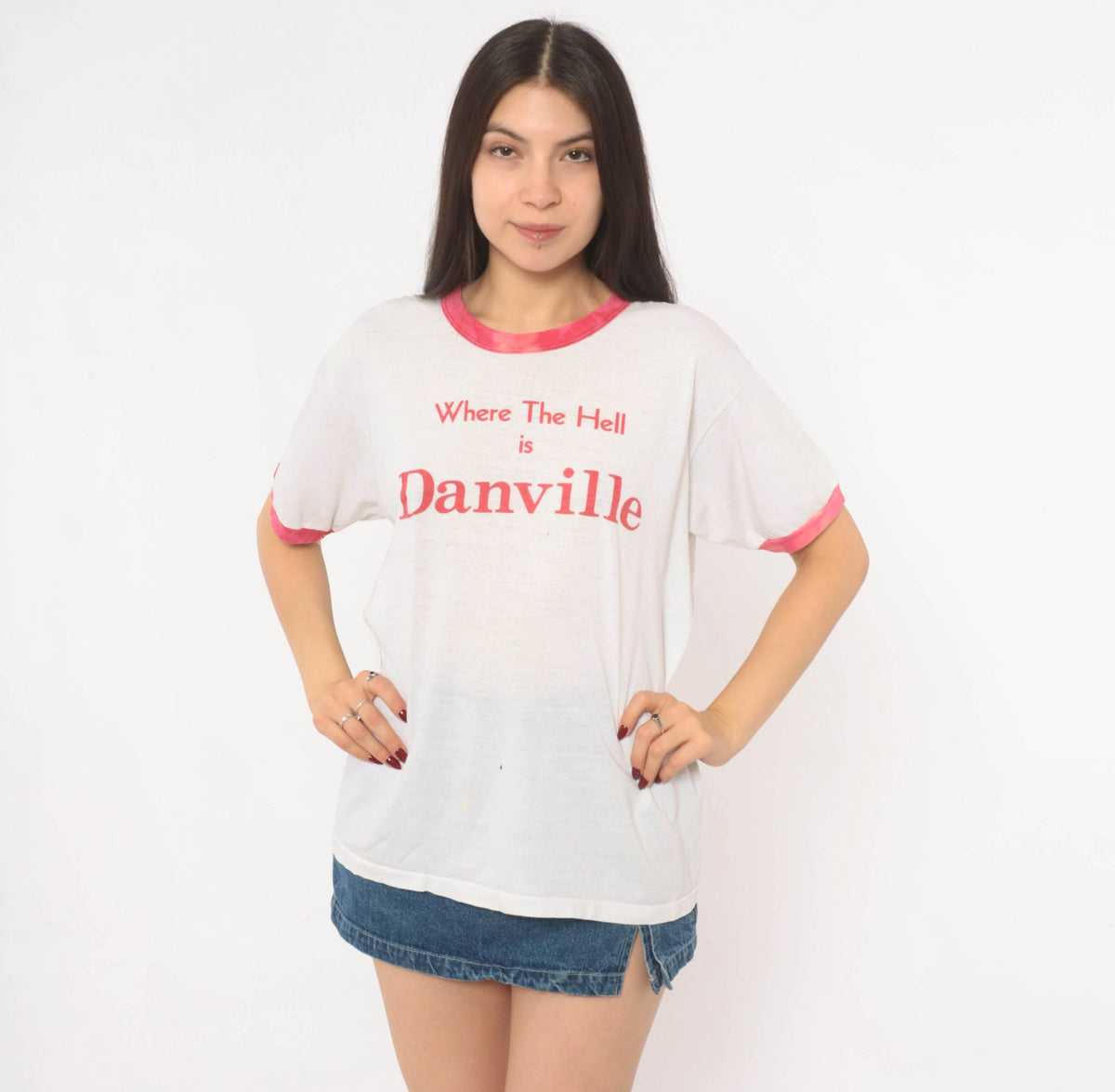 80s Where The Hell Is Danville Ringer Tee White Pink Cotton Graphic Medium