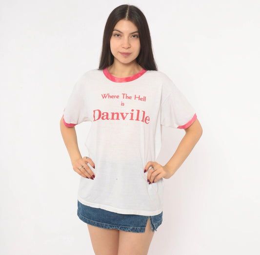 80s Where The Hell Is Danville Ringer Tee White Pink Cotton Graphic Medium