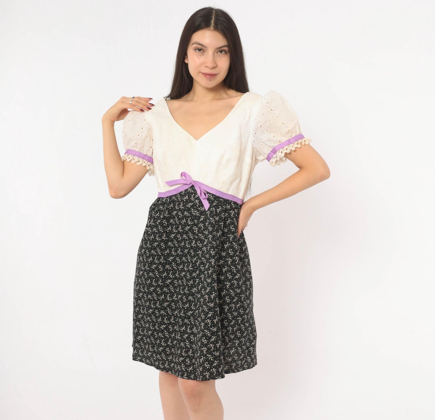 70s Princess Kaiulani Empire Waist Dress Eyelet Puff Sleeve Black Floral Medium M
