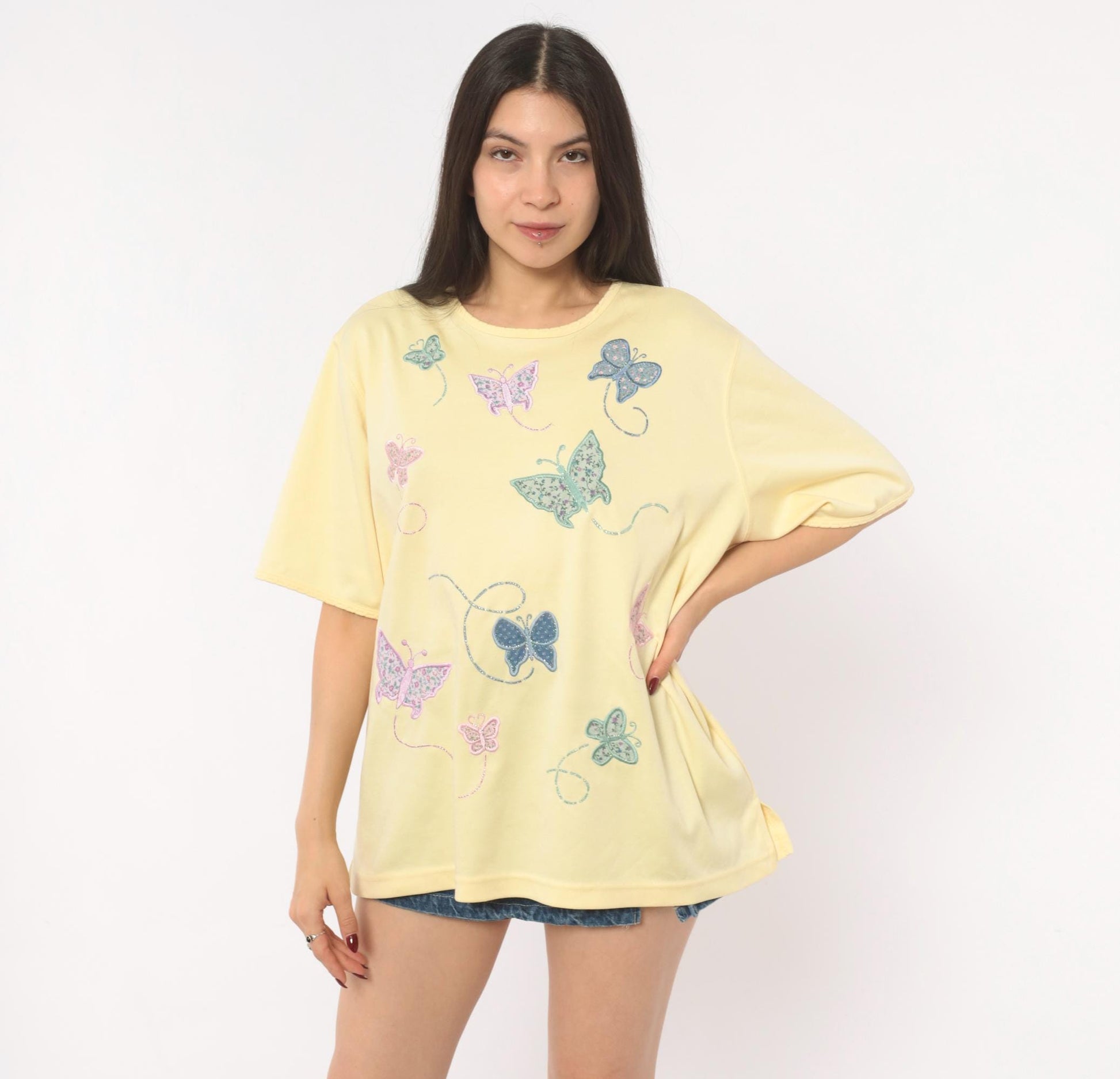 90s Bonworth Butterfly Applique Top Yellow Cotton Crew Neck Extra Large XL