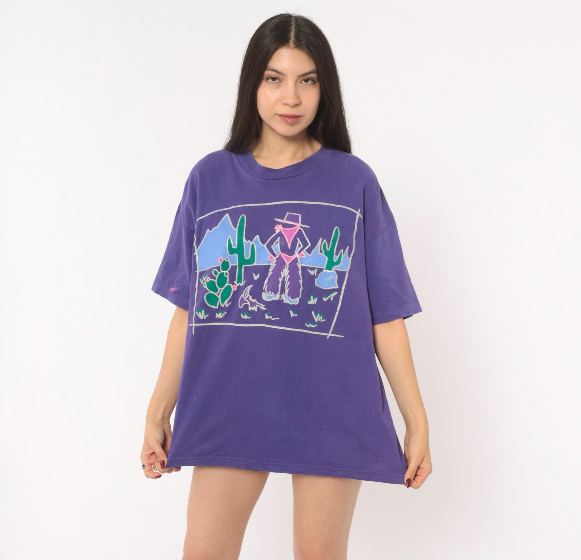 90s Murina Purple Southwestern Cowgirl Cactus Graphic Tee Cotton Large