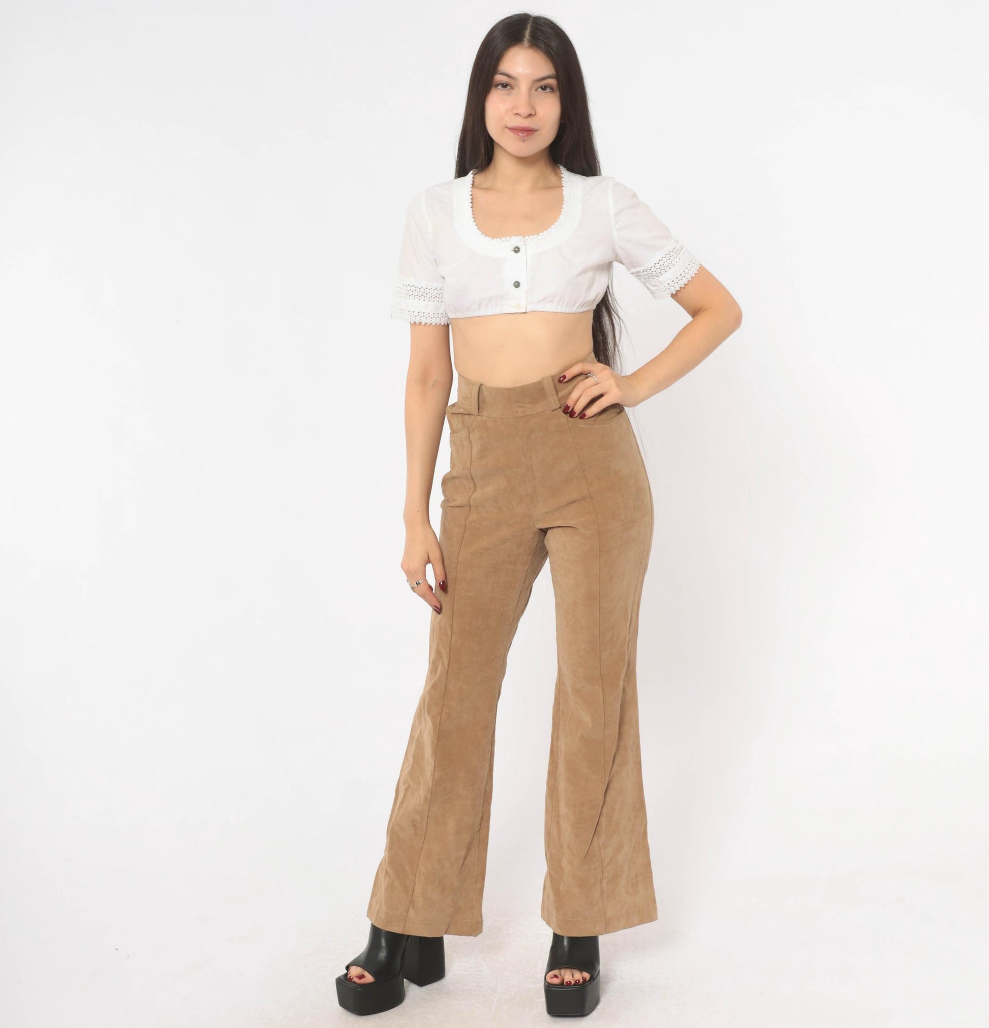 80s Lew Magram Faux Suede Flare Pants Tan High Waist Bell Bottom Small S