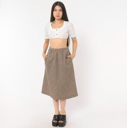 1970s Glen Plaid Wool A-Line Midi Skirt Brown Tan Check Extra Small XS
