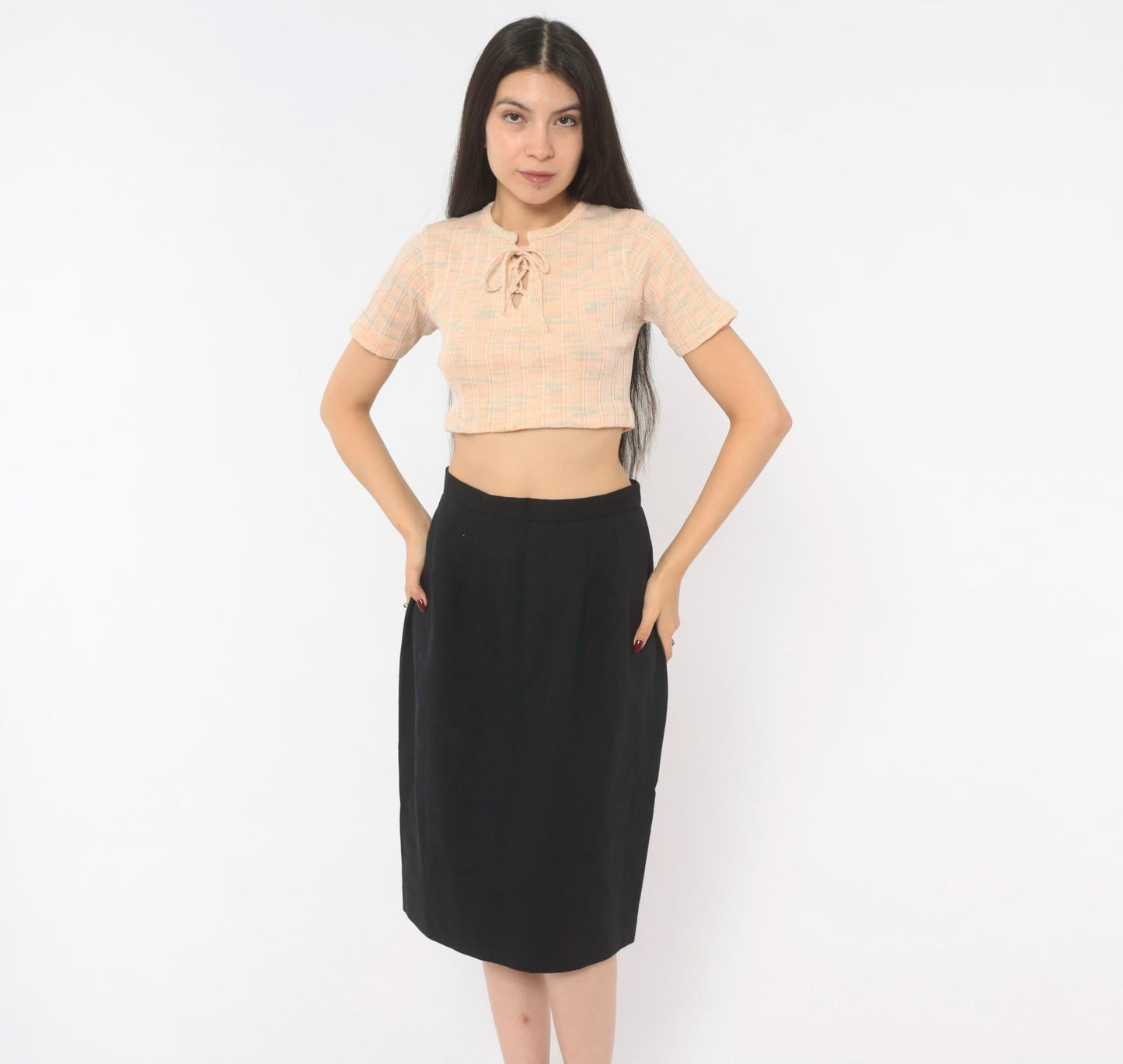 80s Michele Black Pencil Skirt High Waist Knee Length Small S