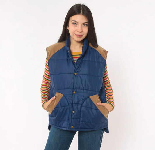 80s Navy Puffer Vest Quilted Suede Trim Snap Front Stand Collar Medium M