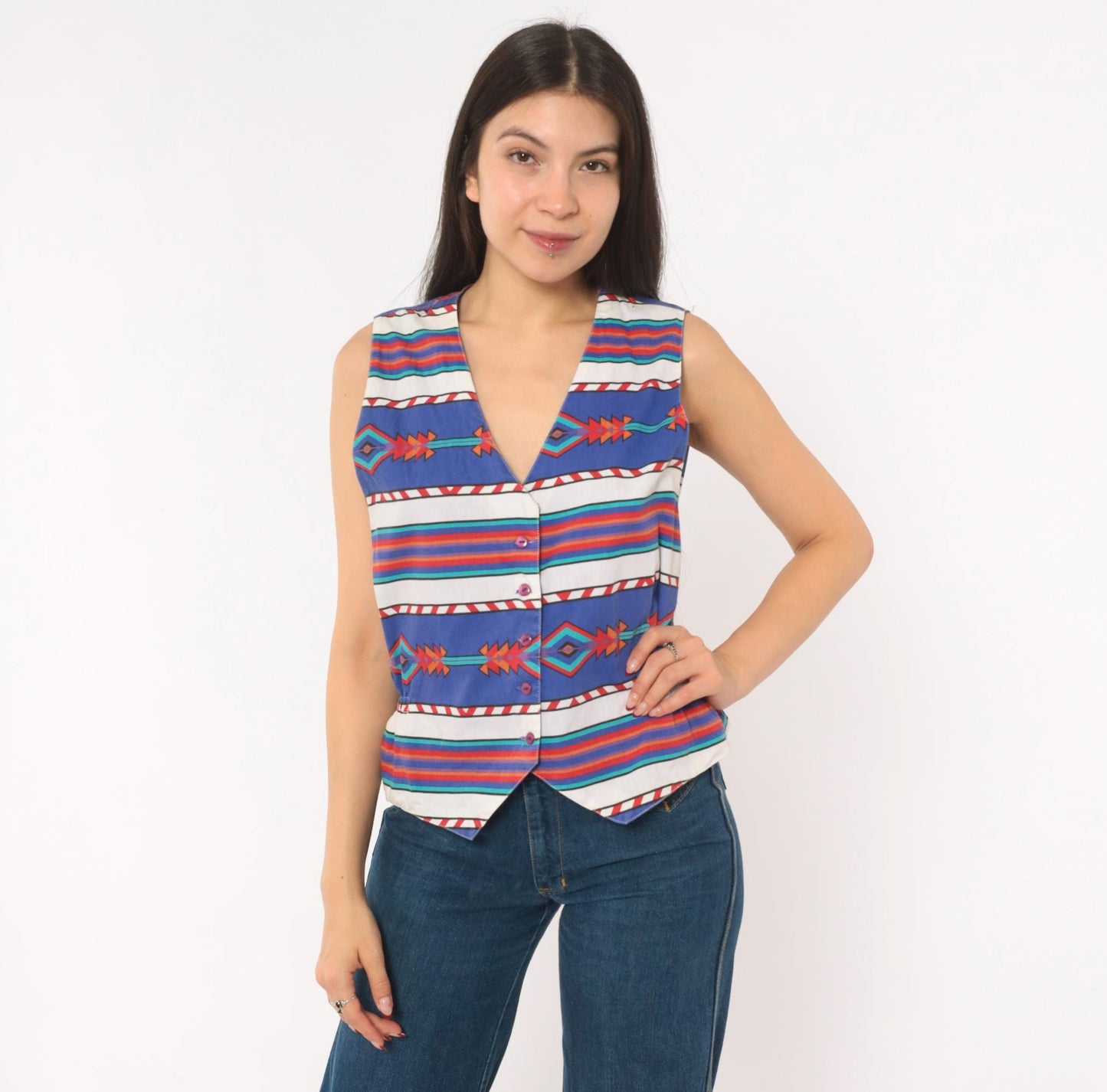 90s Tillman Southwestern Cotton Vest Purple White Geometric Tribal Medium M