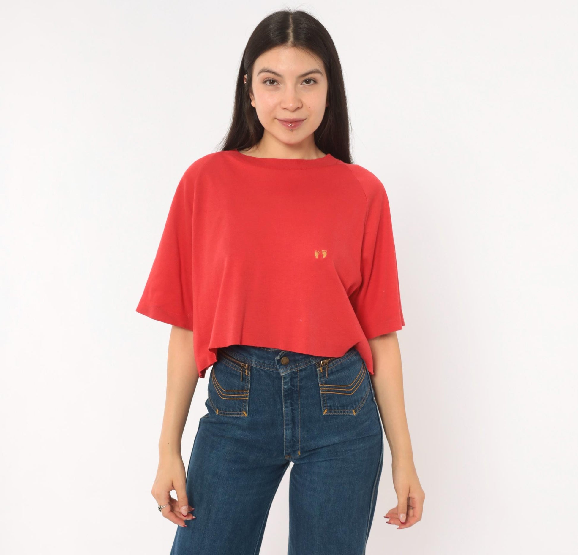80s Hang Ten Red Cropped Raglan Tee Embroidered Logo Cotton Large L