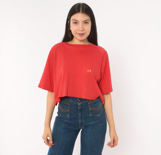80s Hang Ten Red Cropped Raglan Tee Embroidered Logo Cotton Large L