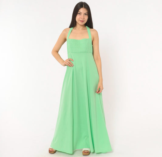 70s Mint Green Halter Maxi Dress Empire Waist Smocked Bodice Open Back Medium