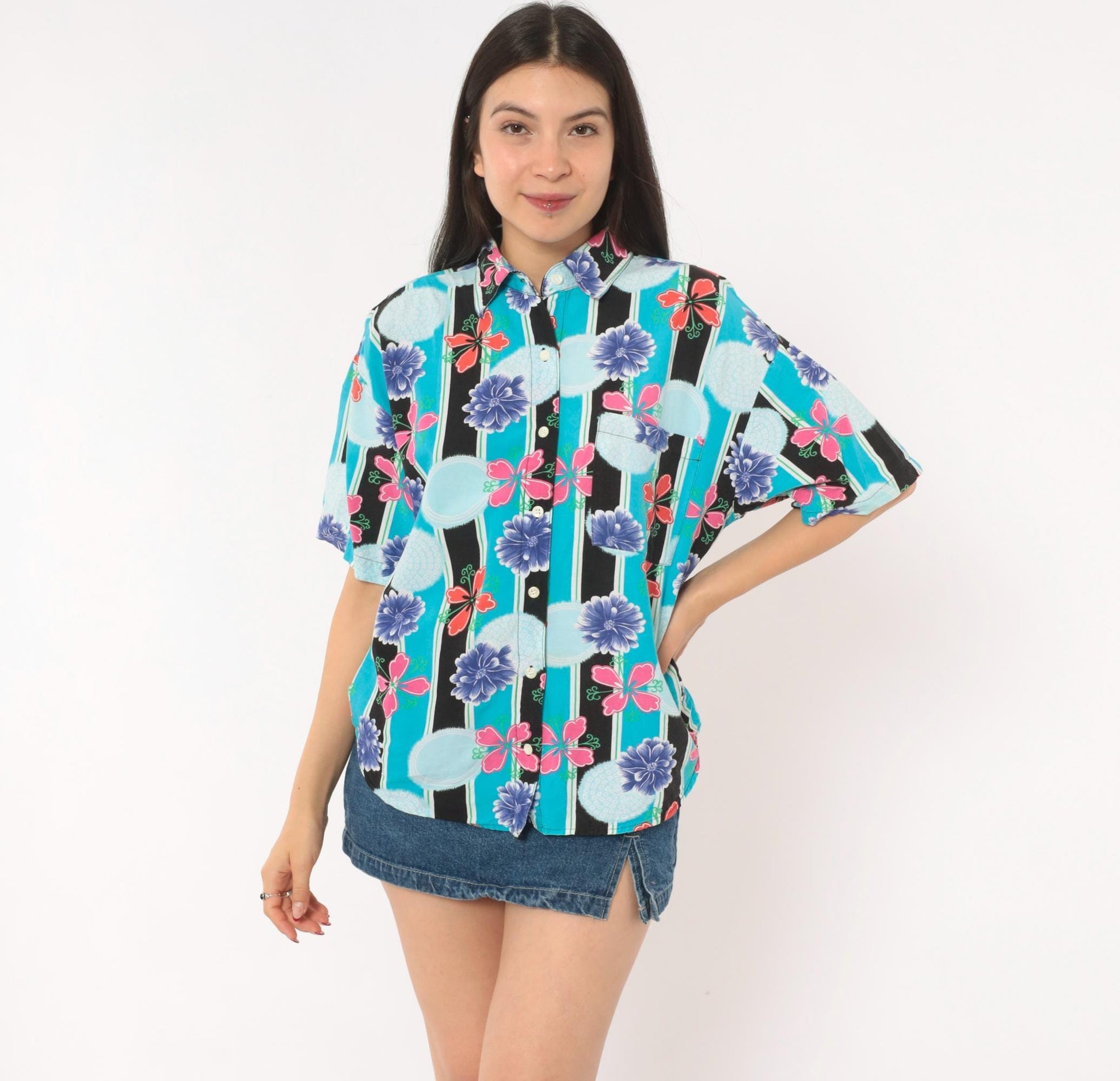 90s Justin Allen Chemise Floral Button Shirt Turquoise Chrysanthemum Medium M