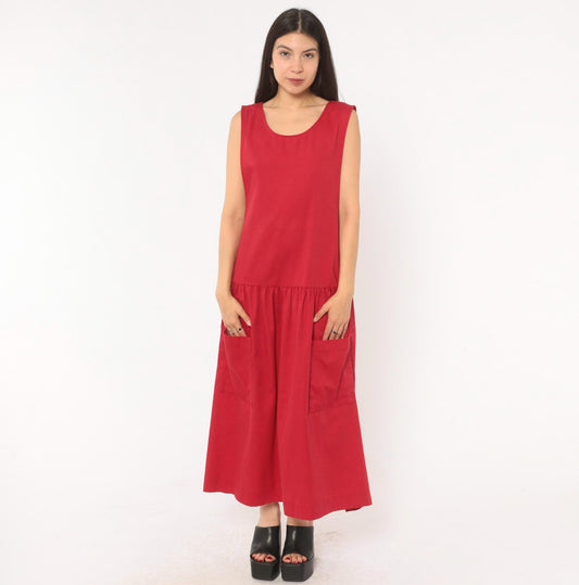 90s Carmel Crimson Red Maxi Dress Drop Waist Sleeveless Scoop Neck Large L