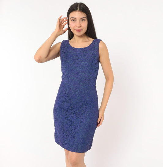 60s Cobalt Lace Sheath Dress Sleeveless Knee-Length Mod Floral Small