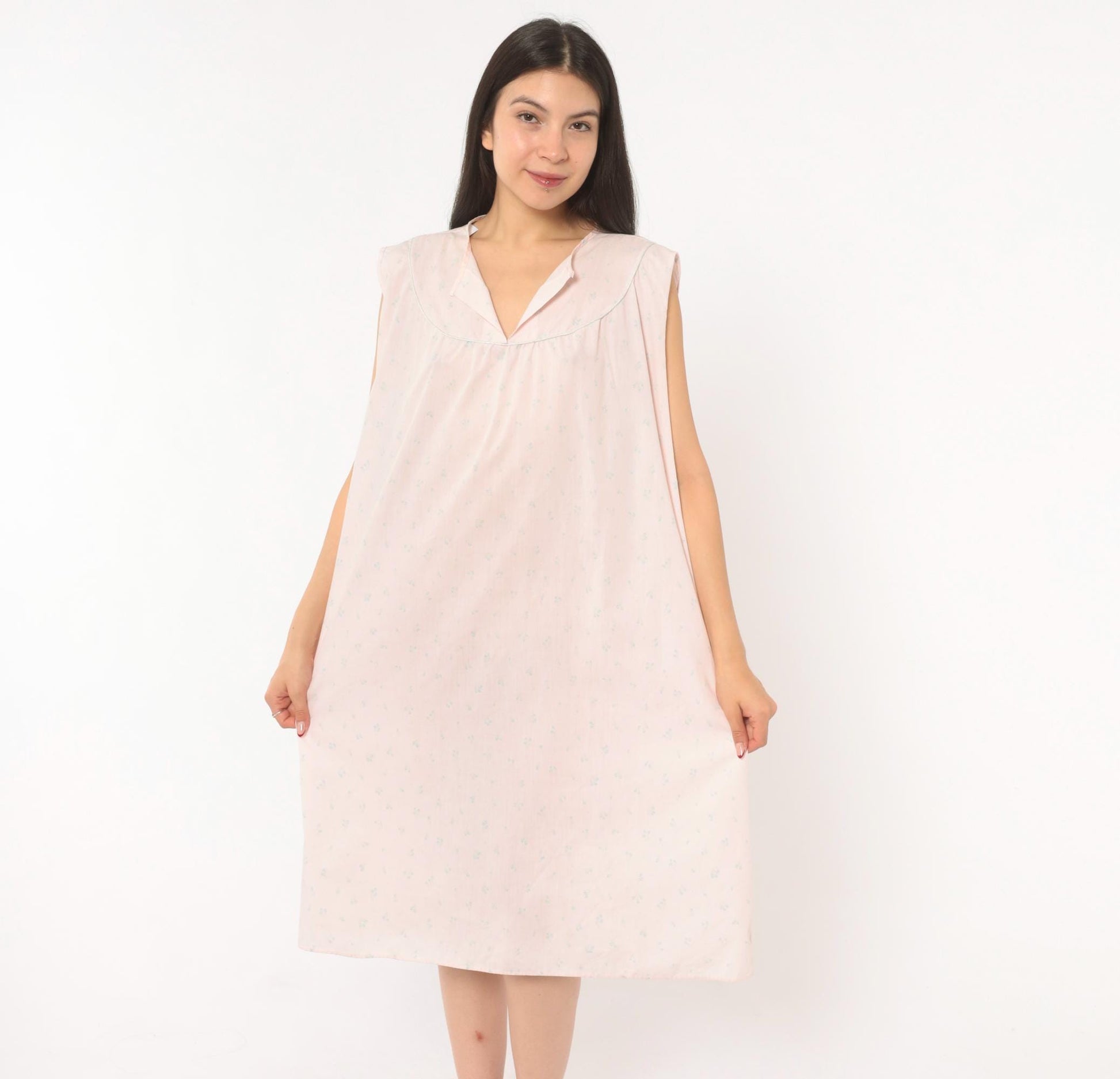 80s Pink Floral Sleeveless Nightgown Cotton V-Neck Knee-Length Extra Large