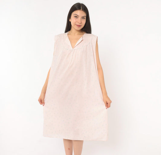 80s Pink Floral Sleeveless Nightgown Cotton V-Neck Knee-Length Extra Large