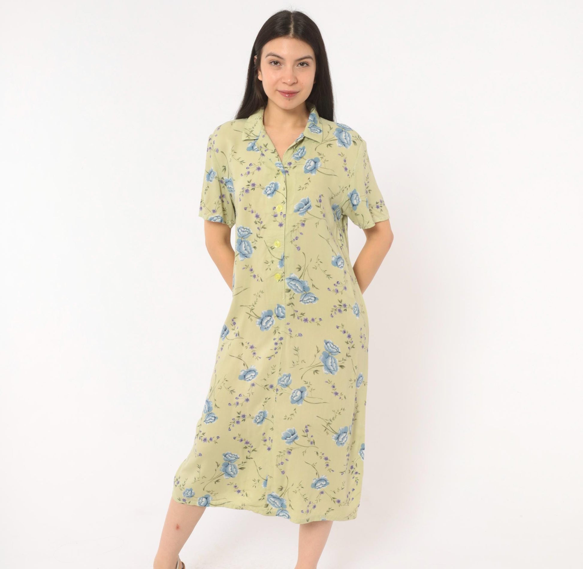 90s Sage Green Floral Shirt Dress Blue Rose Print Midi Medium M
