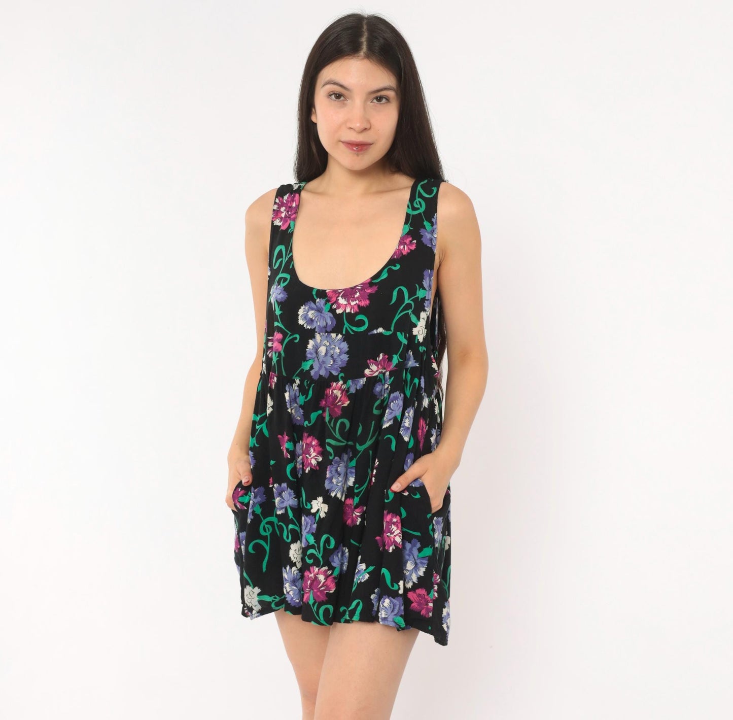 90s Katy D Floral Babydoll Mini Dress Black Empire Waist Scoop Neck Medium M