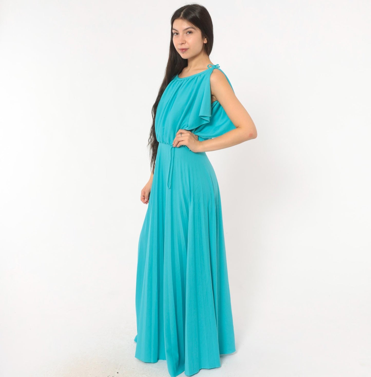 70s Turquoise Maxi Dress Cold Shoulder Flutter Sleeve Blouson Bodice Medium