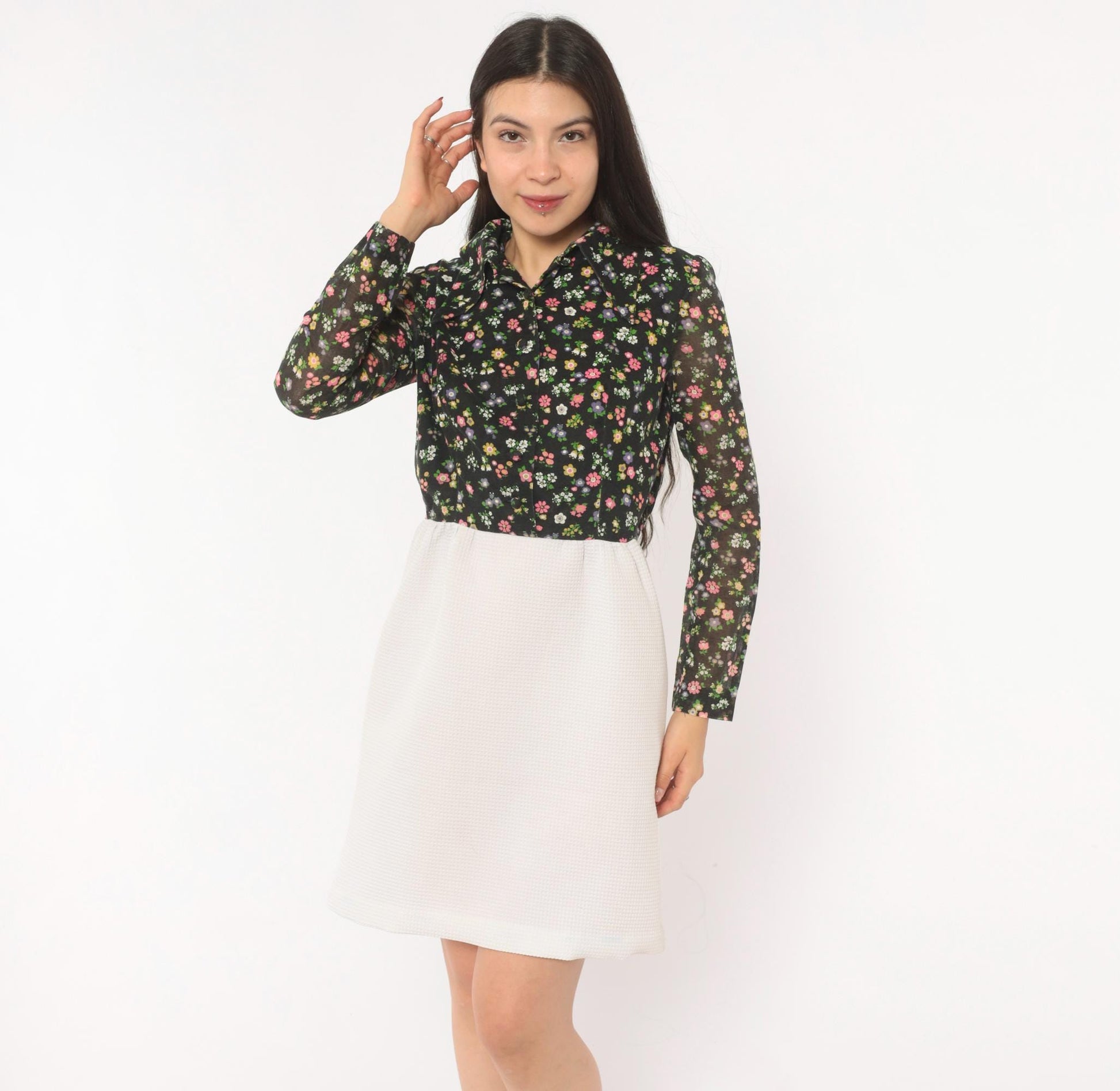70s Black Floral Two-Tone Shirt Dress White A-Line Knee-Length Small S