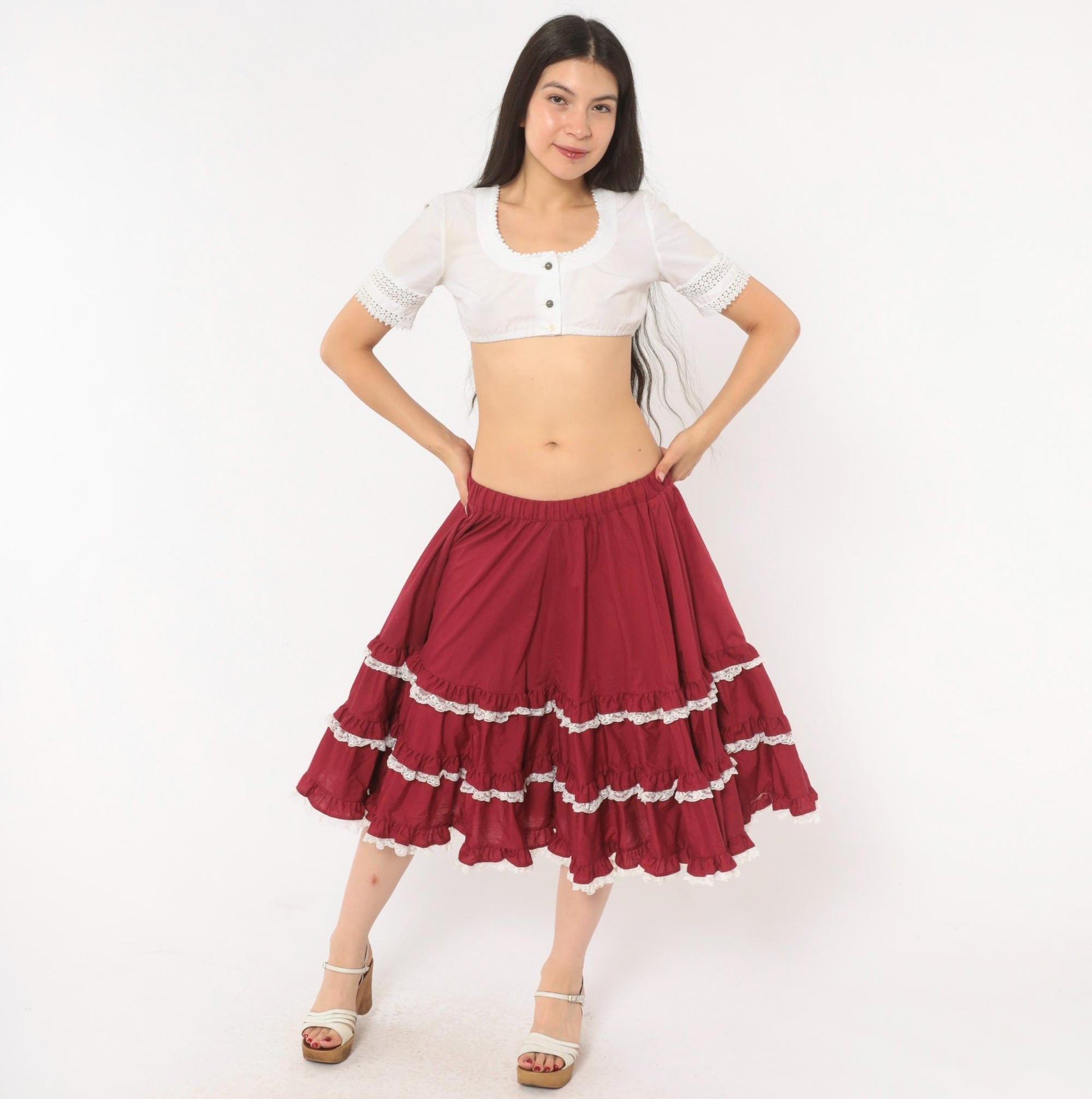 80s Burgundy Tiered Prairie Skirt Cotton Lace Trim Full Circle Medium Large