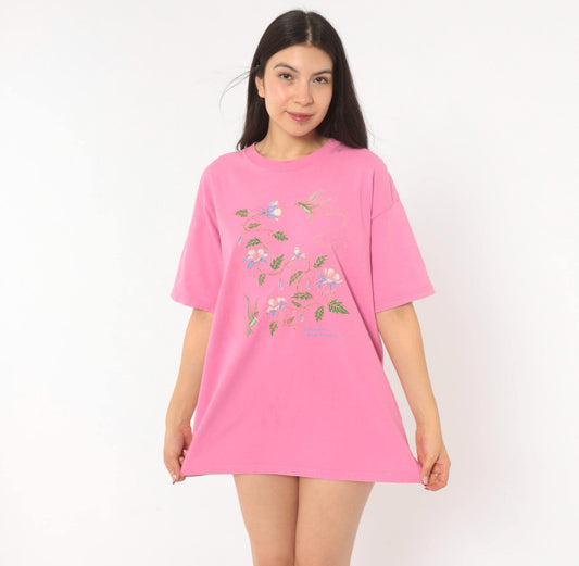 2000s Sportex Hummingbird Floral Graphic Tee Pink Cotton Ruidoso New Mexico Large L