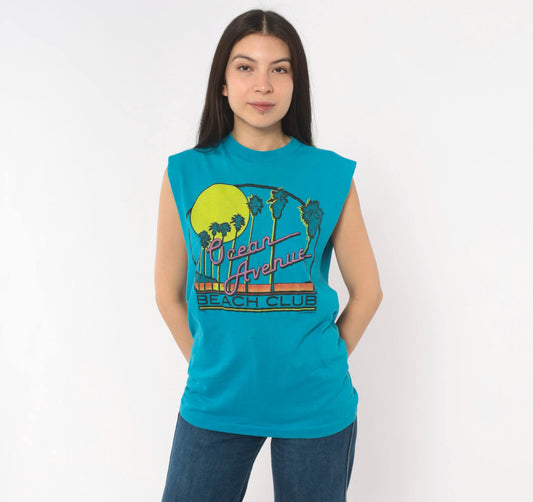 80s Chemise D'Sol Ocean Avenue Beach Club Teal Graphic Tee Palm Tree Sunset Small