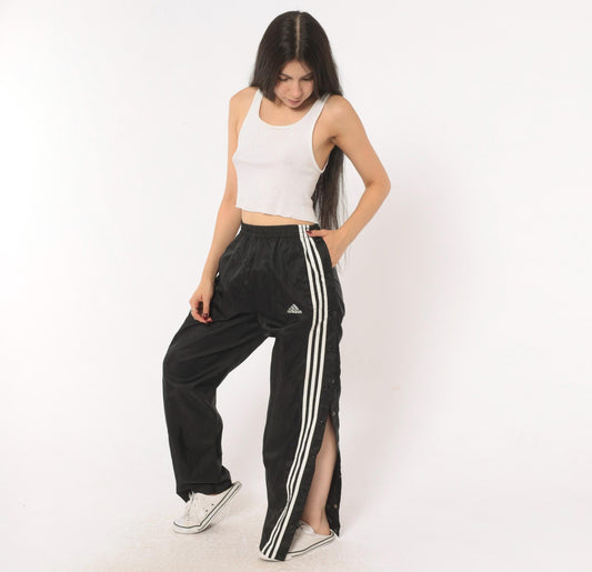 90s Adidas Tearaway Track Pants Black White Three Stripe Snap Small S