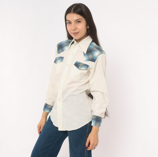 80s Kennington Western Yoke Shirt Blue Plaid Cotton Button-Up Small