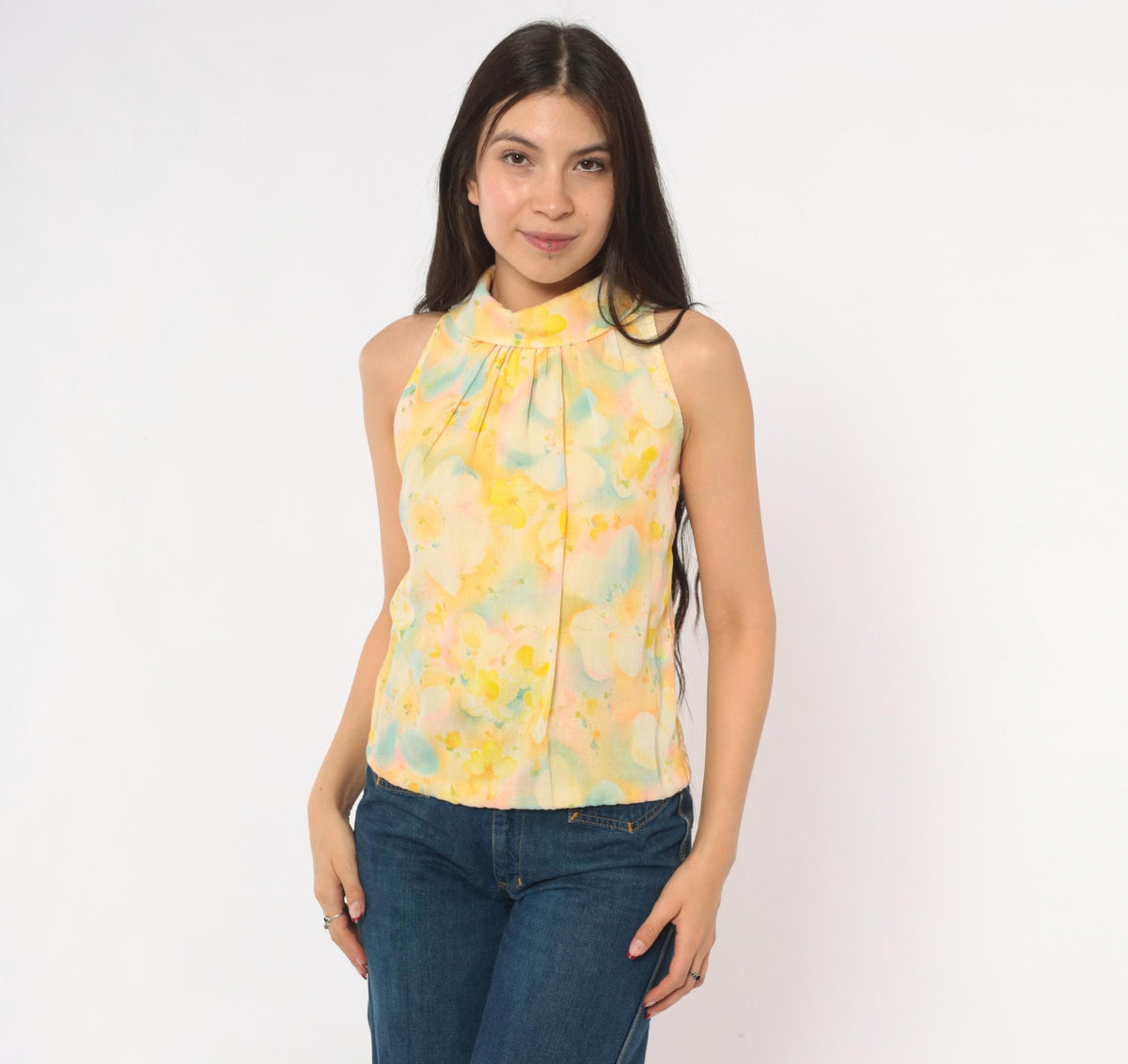 70s Watercolor Floral Sleeveless Blouse Yellow Pink Blue Cotton Mock Neck Extra Small