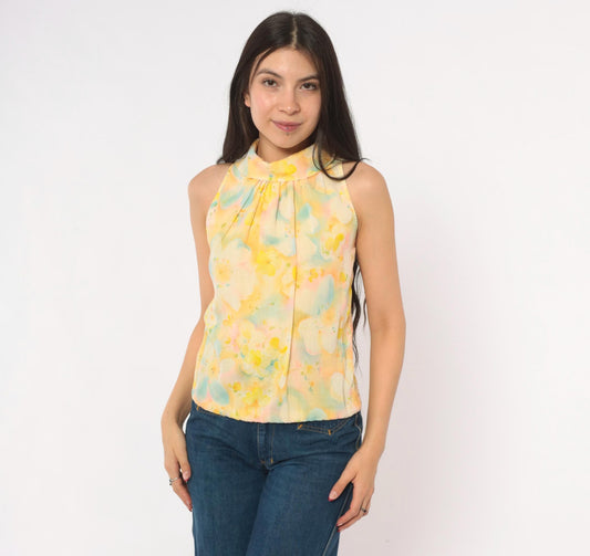 70s Watercolor Floral Sleeveless Blouse Yellow Pink Blue Cotton Mock Neck Extra Small